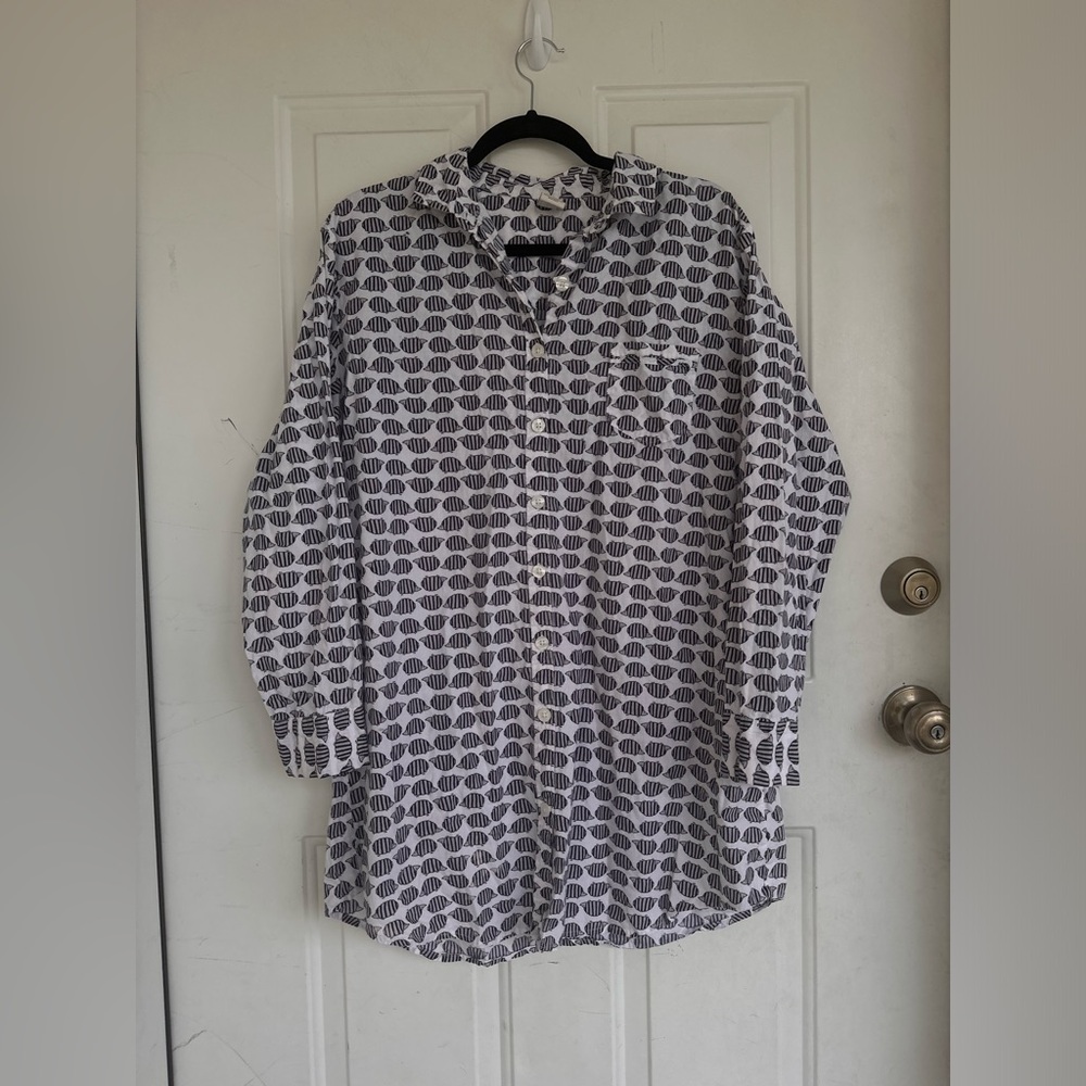 SONOMA Life + Style Shirt Dress 100% Cotton Long Sleeve Animal Blue White Sz L